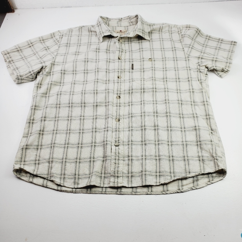 Woolrich Shirt Men XL Cream Plaid Short Sleeve Button‎ Casual One Pocket Chest